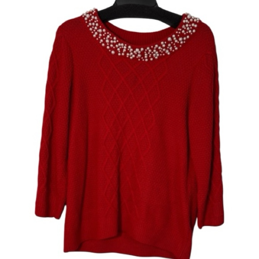 Karl Lagerfeld Sweater Red w/ Pearled Neckline 3/4 Sleeve in Size L ‎ EUC